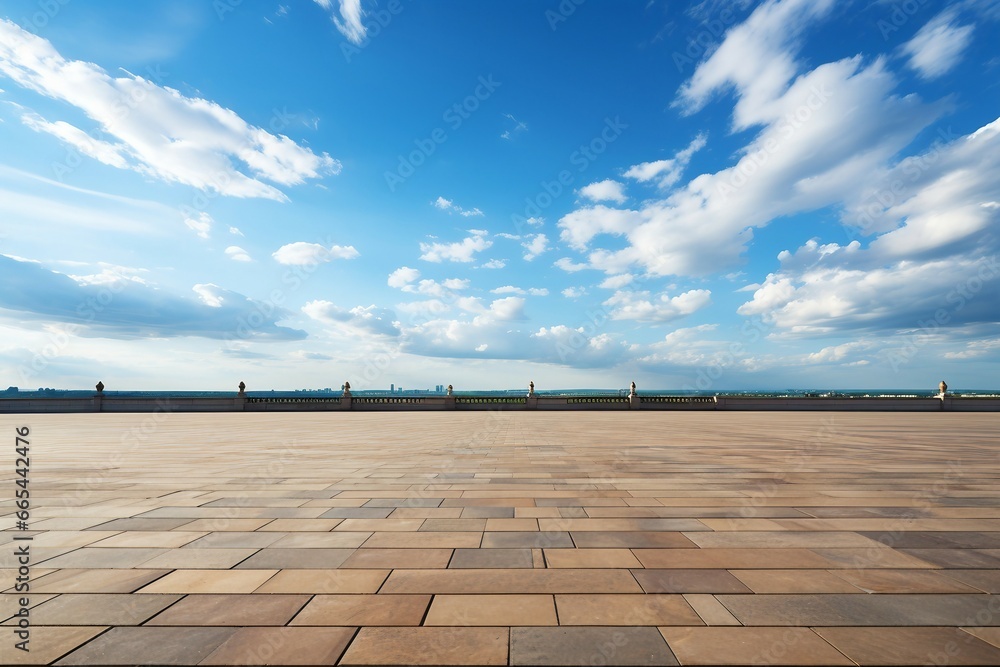 a stone floor with a blue sky and clouds