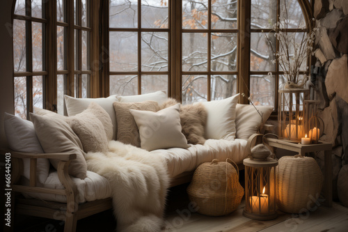 Cozy warm winter composition with soft pillows, cozy blanket and snowy landscape on winter day. Winter home decor. Christmas. New Years Eve.