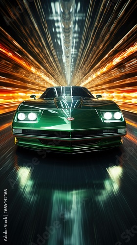 fast moving green supercar on  the highway at night