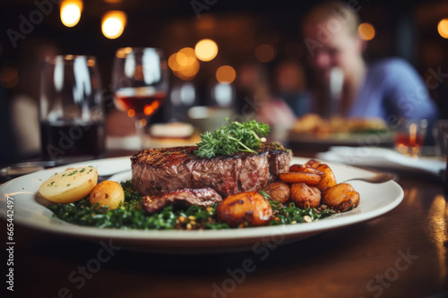 Waiter holding a plate with grilled beef steak with roasted vegetables on a side. Serving fancy food in a restaurant.