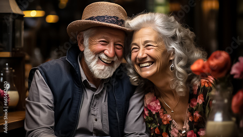 a candid photo of a cute old people couple laughing and having fun in the retirement house. couple with grey hair glasses and hat. Generative AI © Shubby Studio