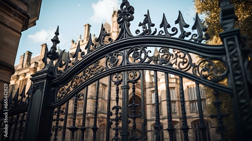 An imposing iron-wrought gate against the backdrop of a stately building, emphasizing the majestic aura of historical architecture. generative AI