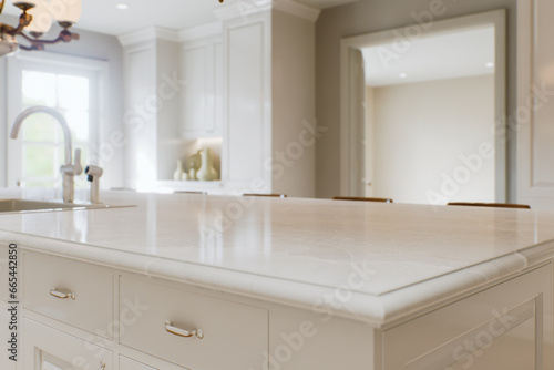 Kitchen white countertop with white marble, with blurred bokeh background. 