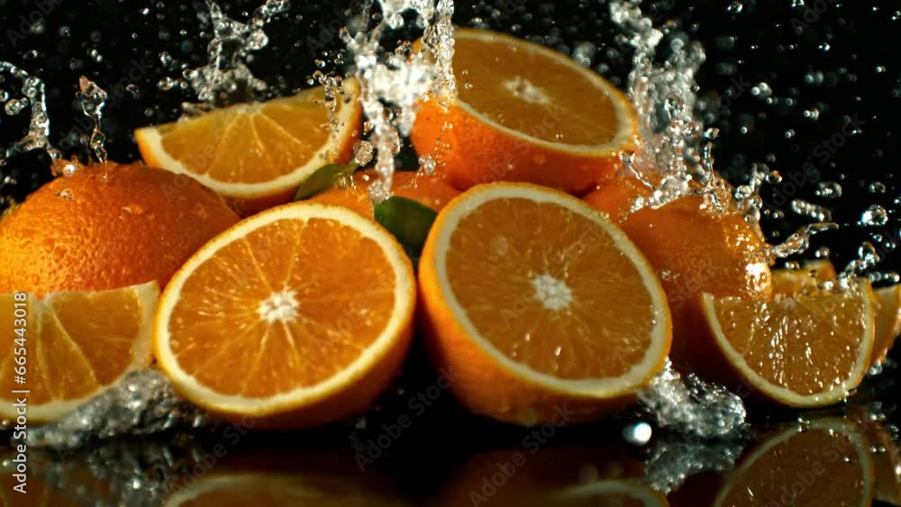 Super Slow Motion Shot of Water Splashing Over Heap of Fresh Oranges with Camera Motion at 1000fps. Super Slow Motion Shot of Water Splashing Over Heap of Fresh Oranges with Camera Motion at 1000fps.