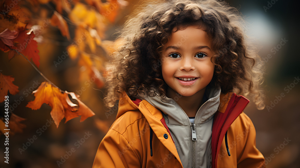 mixed race girl child playing in autumn fall leaves wearing red jacket autumn colours with copy space mixed race girl child playing in autumn fall leaves wearing red jacket autumn colours with copy space