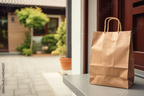 Paper bag with food delivery in front of house entrance. Grocery order delivered contact free. Takeout food left at door mat.