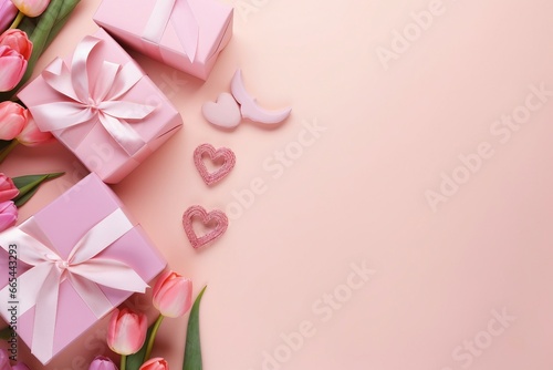 a group of pink gift boxes with bows and flowers