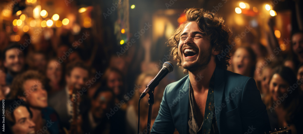 Cheerful musician performing in a pub. Performer singing to a microphone. People gathering in the background. Cheerful musician performing in a pub. Performer singing to a microphone. People gathering in the background.