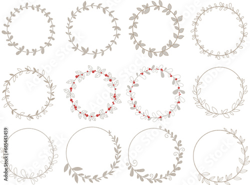 Abstract leaves wreath flat design illustration set for decoration on Christmas holiday, romance, and classic garden concept.