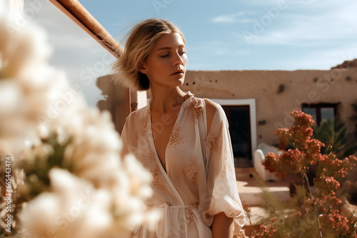 Mujer rubia de pie mirando hacia la derecha posando en una villa de Ibiza en un día soleado con el cielo azul.