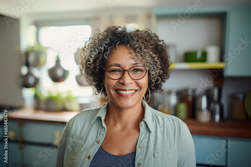 Portrait of elegant confident senior lady with gray hair and beautiful smile in her kitchen.