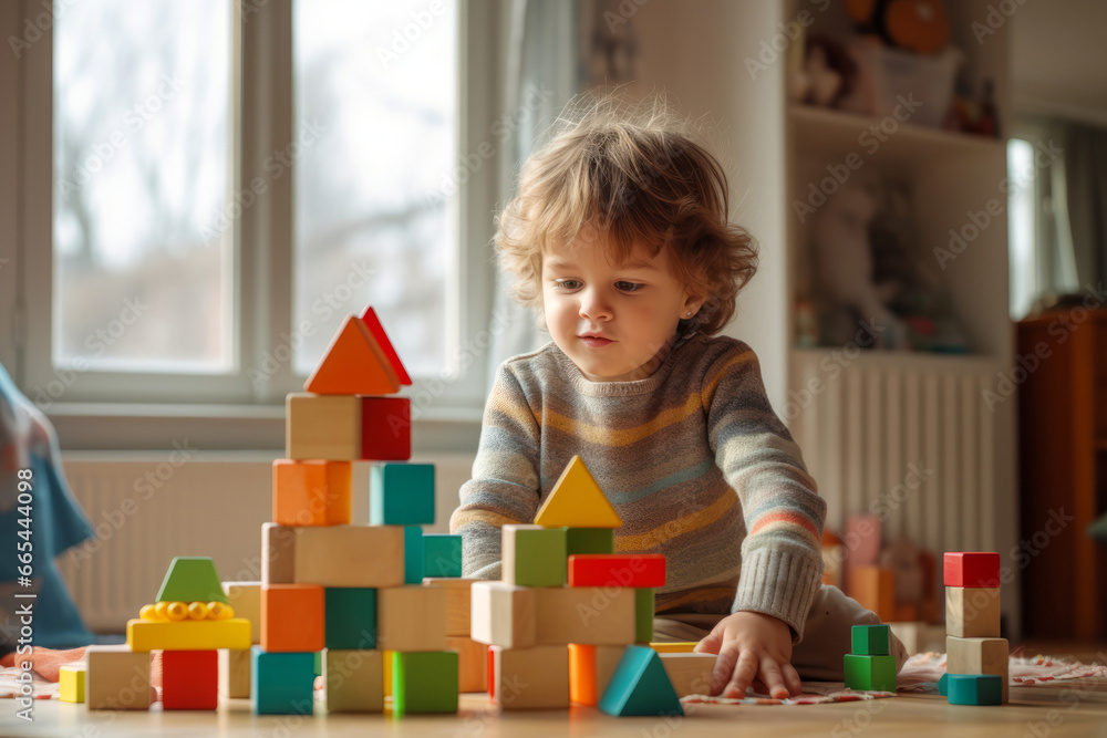 Cute toddler playing with colorful wooden blocks. Small child having fun with toys. Kid spending time in a cozy living room at home. Cute toddler playing with colorful wooden blocks. Small child having fun with toys. Kid spending time in a cozy living room at home.
