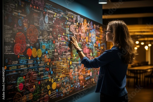 a woman touching a large blackboard