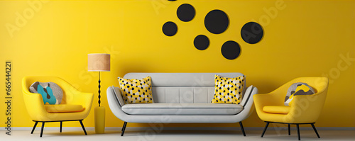 Modern living room design and yellow sofa on yellow background photo