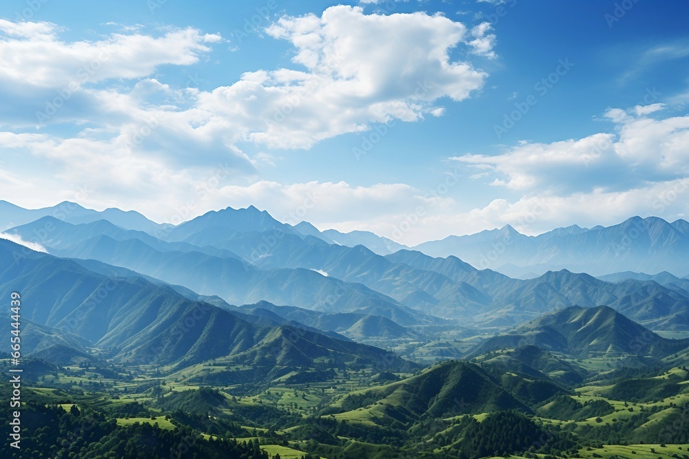 Fototapeta premium a landscape of a green valley with mountains and blue sky