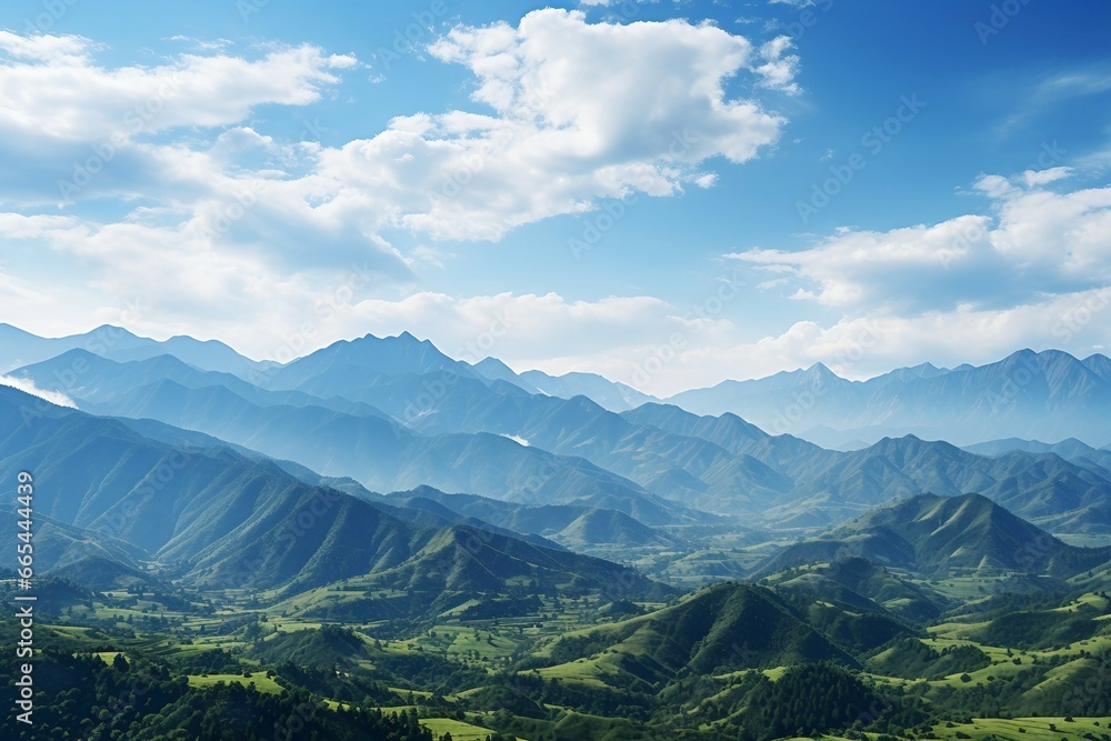 a landscape of a green valley with mountains and blue sky