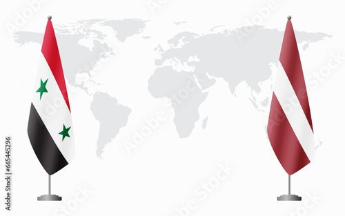 Syria and Latvia flags for official meeting
