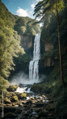 beautiful views of the waterfall surrounded by dense forest. The weather was very clear with blue skies. a wide variety of plants and trees