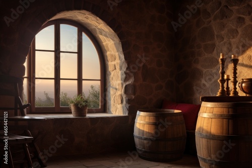 Barrel in an ancient castle beside the window. © MDBepul