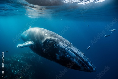 Whale amidst underwater plastic debris. Generative AI