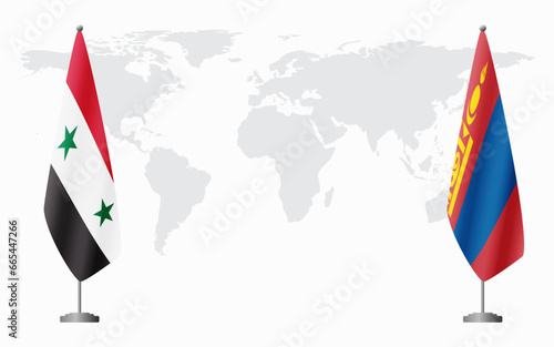 Syria and Mongolia flags for official meeting