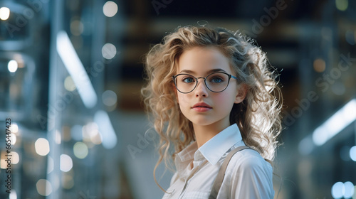 A girl is a young scientist nerd with transparent glasses