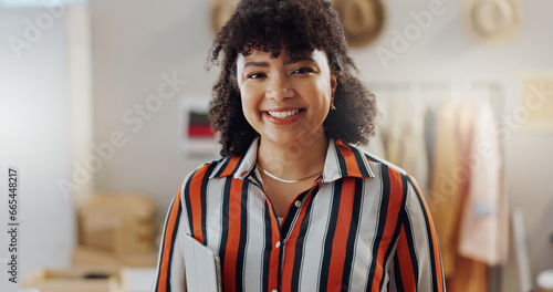 Portrait, smile and woman with startup, entrepreneur and career with employee, business owner and company. Face, happy person or consultant with happiness, fashion designer and success with ecommerce