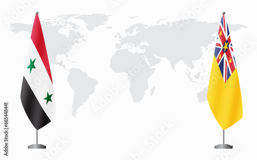 Syria and Niue flags for official meeting