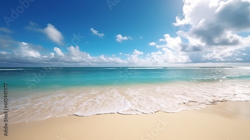 Panorama of a beautiful white sand beach. Holiday summer beach background.. Wave of the sea on the sand beach. generative AI