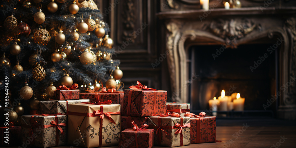 Christmas tree decorated with toys in a house with holiday gifts near the fireplace, room in vintage noble style Christmas tree decorated with toys in a house with holiday gifts near the fireplace, room in vintage noble style