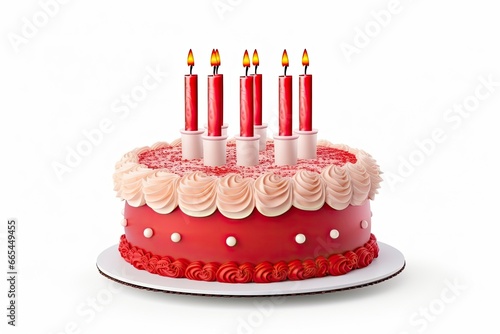 Colourful birthday cake with candles isolated on white background.