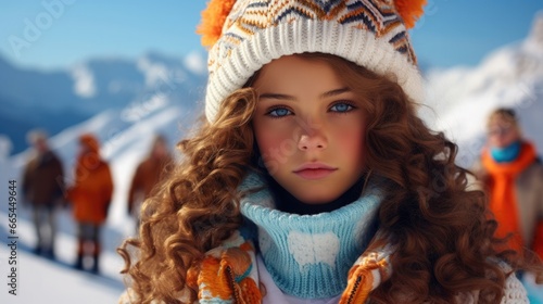 Young children models demonstrate winter clothes and down jackets against the backdrop of a snowy ski resort. Fashionable pastel and silver colors. photo