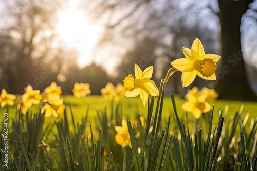 Daffodils in spring backlit by sun.