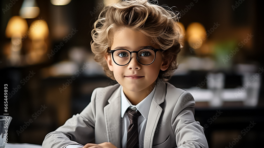 A smart boy spectacled sits at the table, writes his homework or prepares for an exam. Education and tutoring for children concep A smart boy spectacled sits at the table, writes his homework or prepares for an exam. Education and tutoring for children concep