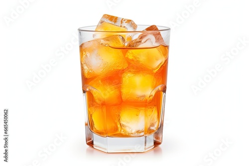 A glass of orange soda water with ice cubes on white background.