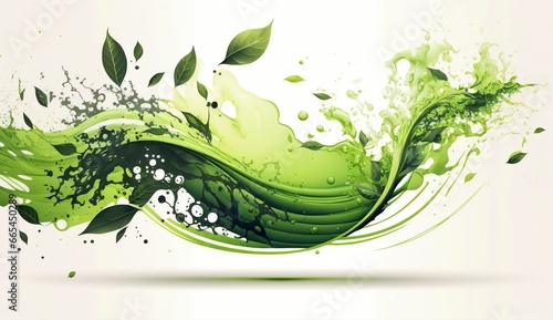 Green herbal tea wave splash with leaves flow.