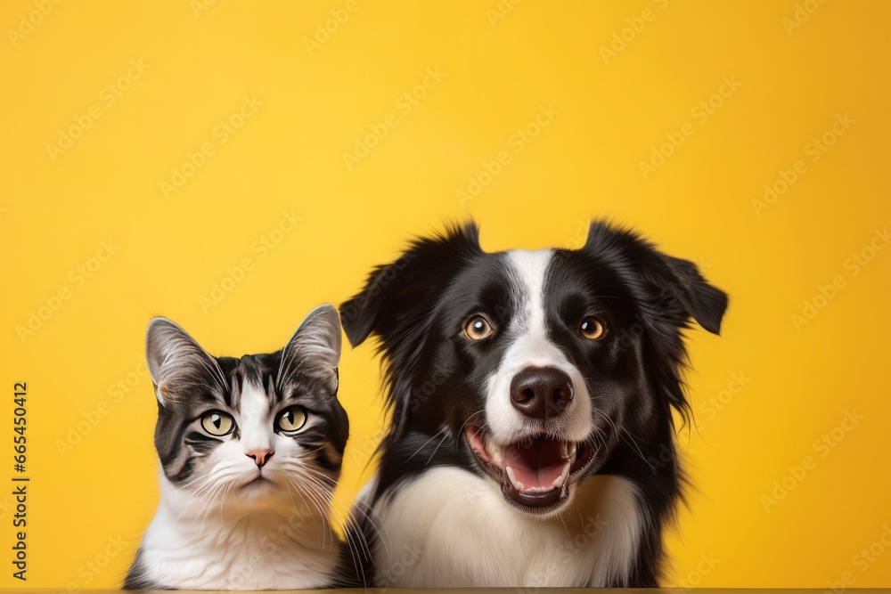  Cat and dog together with happy expressions on yellow background.