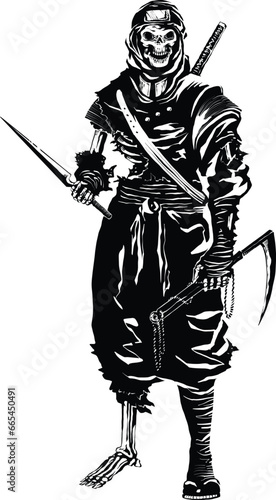 Assassin ninja skeleton demon shinobi skull sword weapon warrior tattoo design