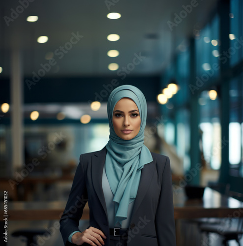 Businesswoman wearing a hijab in an office, glowing colors, teal and gray, bold colorism.