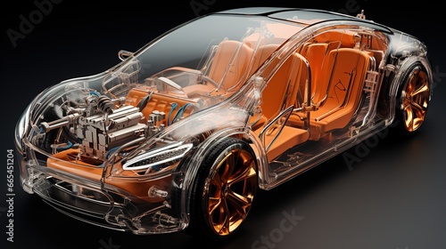 a transparent electric car isolated on black background