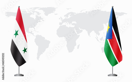 Syria and South Sudan flags for official meeting