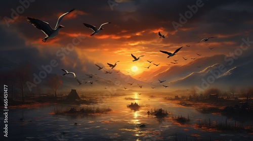 flock of birds flying over the lake in the mist at sunset