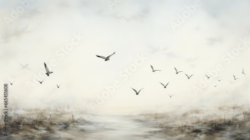 flock of birds flying over the lake in the mist