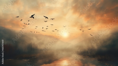 flock of birds flying  over the lake in the mist at sunset photo
