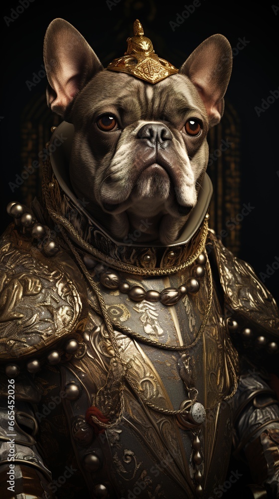 studio portrait of french bulldog puppy in middle ages style, looking at camera