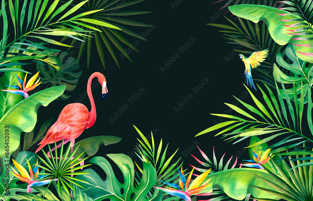 A frame made of palm leaves, banana branches, strelitzia, flamingos and macaws.Tropical plants and birds. Watercolor illustration. Carnival in Brazil. Rio de Janeiro. Summer mood. . Banner.