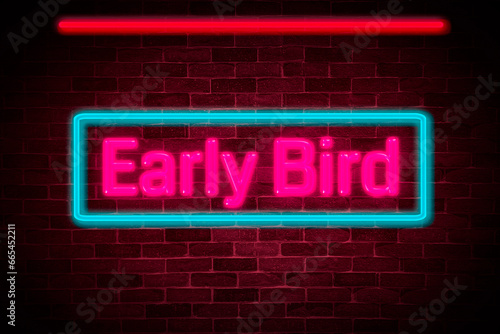 Early Bird neon text on brick wall background.