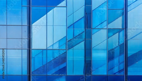 blue glass building, abstract glass facade with strict geometric lines and rectangles in blue base color