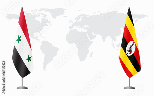 Syria and Uganda flags for official meeting