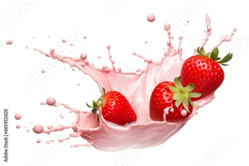 milk or yogurt splash with strawberries isolated on white background, 3d rendering.